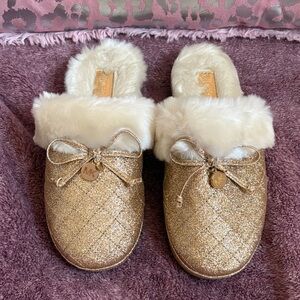 Michael Kors Gold Glitter Slippers with Fur